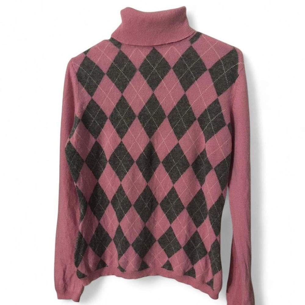 Y2K 100% CASHMERE APT.9 PINK ARGYLE TURTLENECK SWEATER